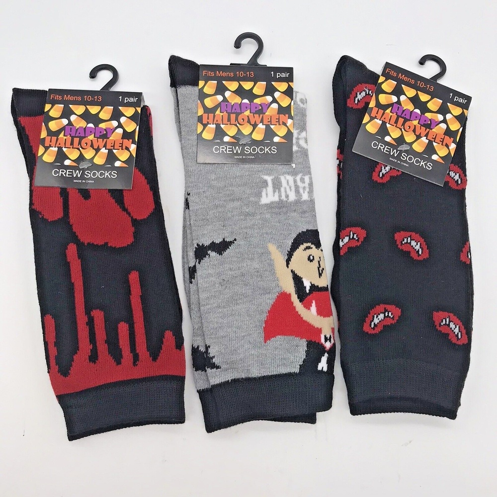 Halloween 3 Pack Black Gray Crew Socks Men's size 10-13 Blood Vampire Bats NEW
